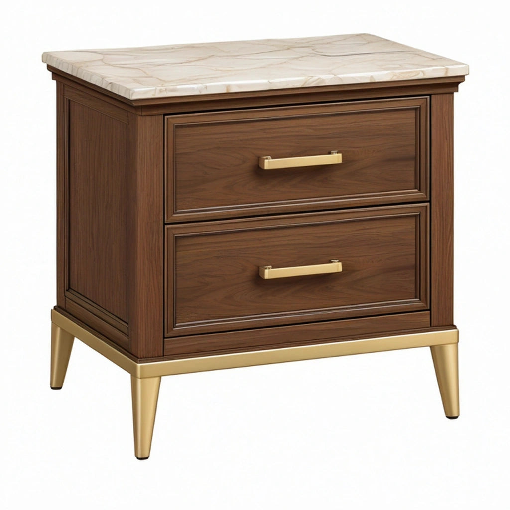 Comodino 55x45x65 cm in legno marrone con piano effetto marmo e 2 cassetti stile classico