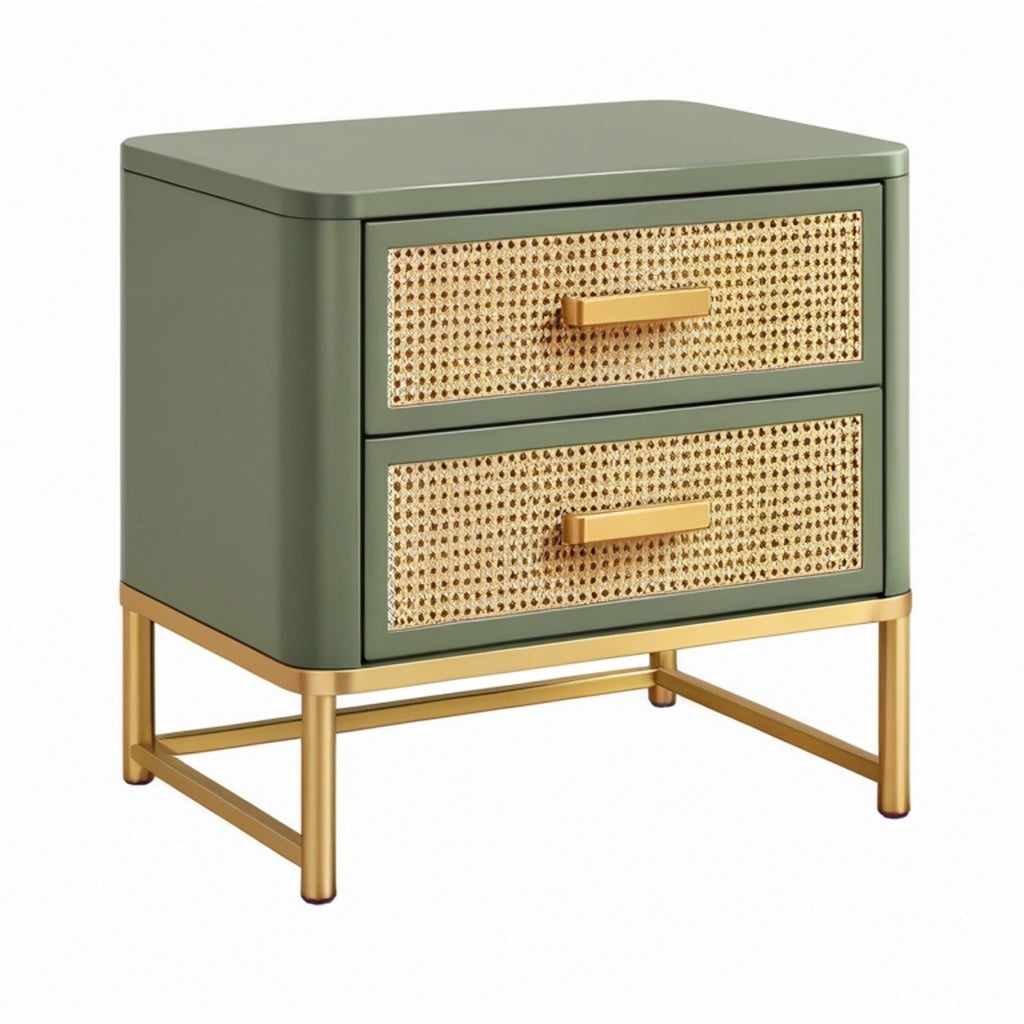 Comodino 50 x 40 x 55 cm in legno verde con cassetti in rattan e base dorata
