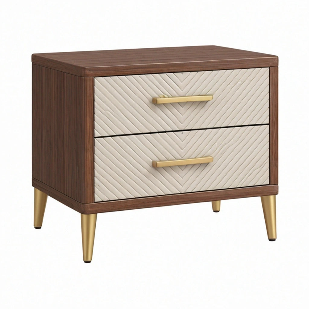Comodino 60 x 45 x 60 cm in legno marrone e similpelle beige con 2 cassetti stile moderno