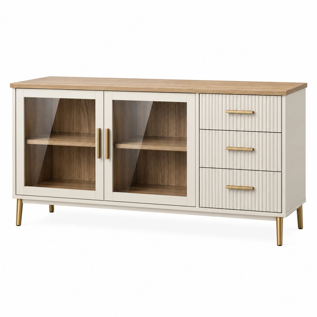 Credenza 140 x 40 x 85 cm in legno beige e noce con ante in vetro e cassetti stile moderno