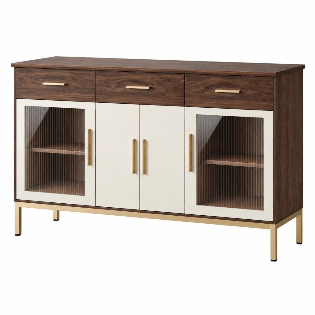 Credenza 160 x 40 x 90 cm in legno ingegnerizzato marrone e bianco con vetro rigato stile moderno per soggiorno