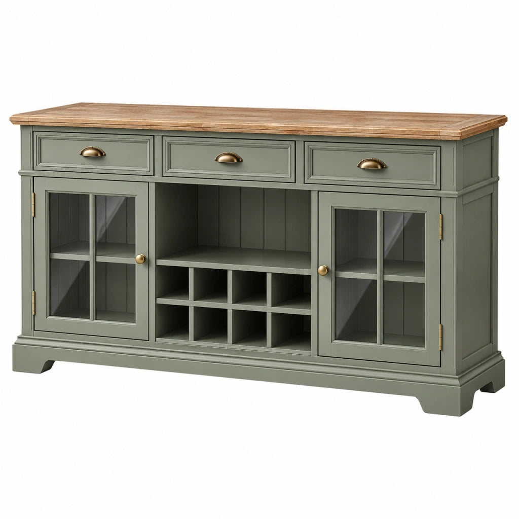 Credenza 160 x 45 x 90 cm in legno verde con ante in vetro e portabottiglie