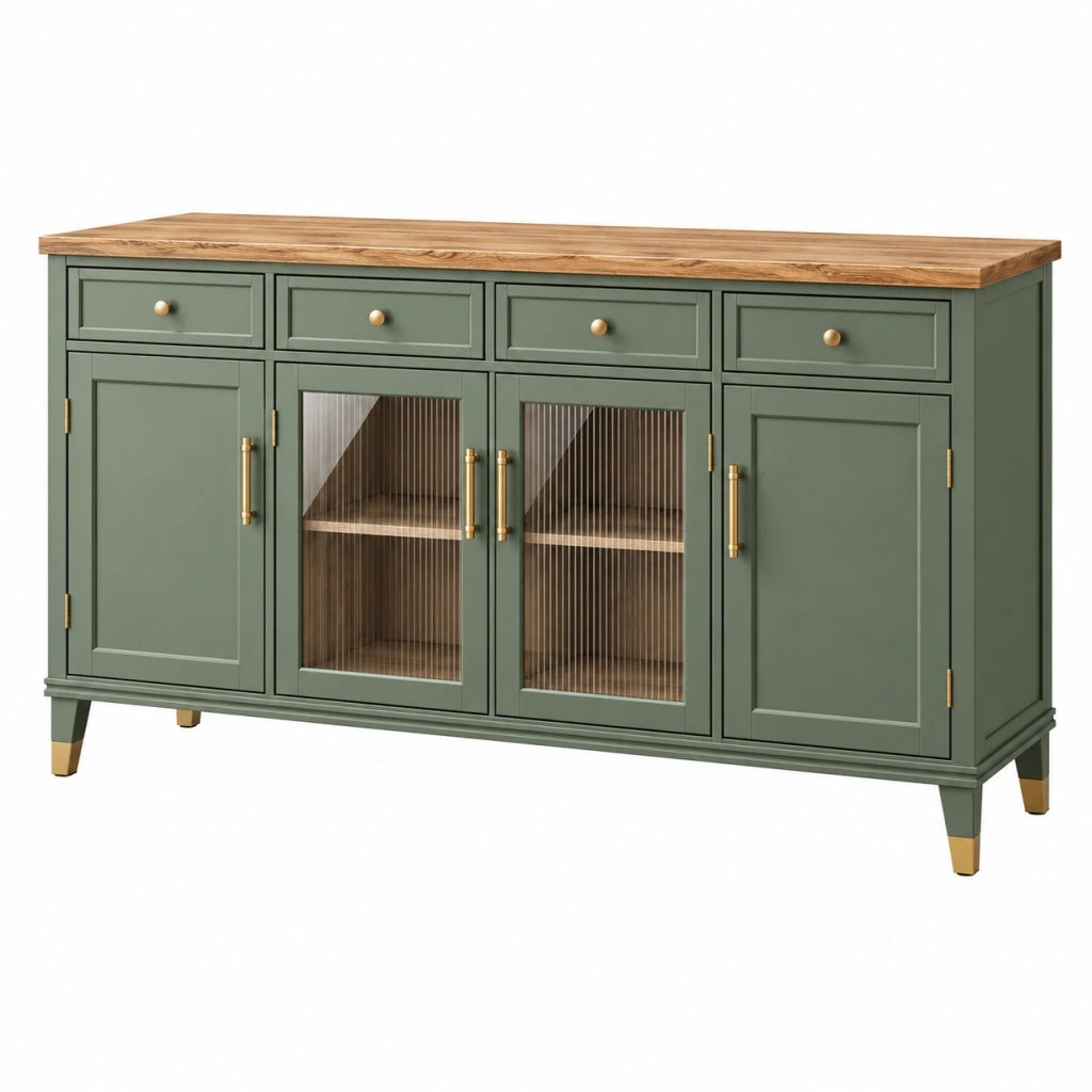 Credenza 180 x 45 x 90 cm in legno verde con ante in vetro stile classico