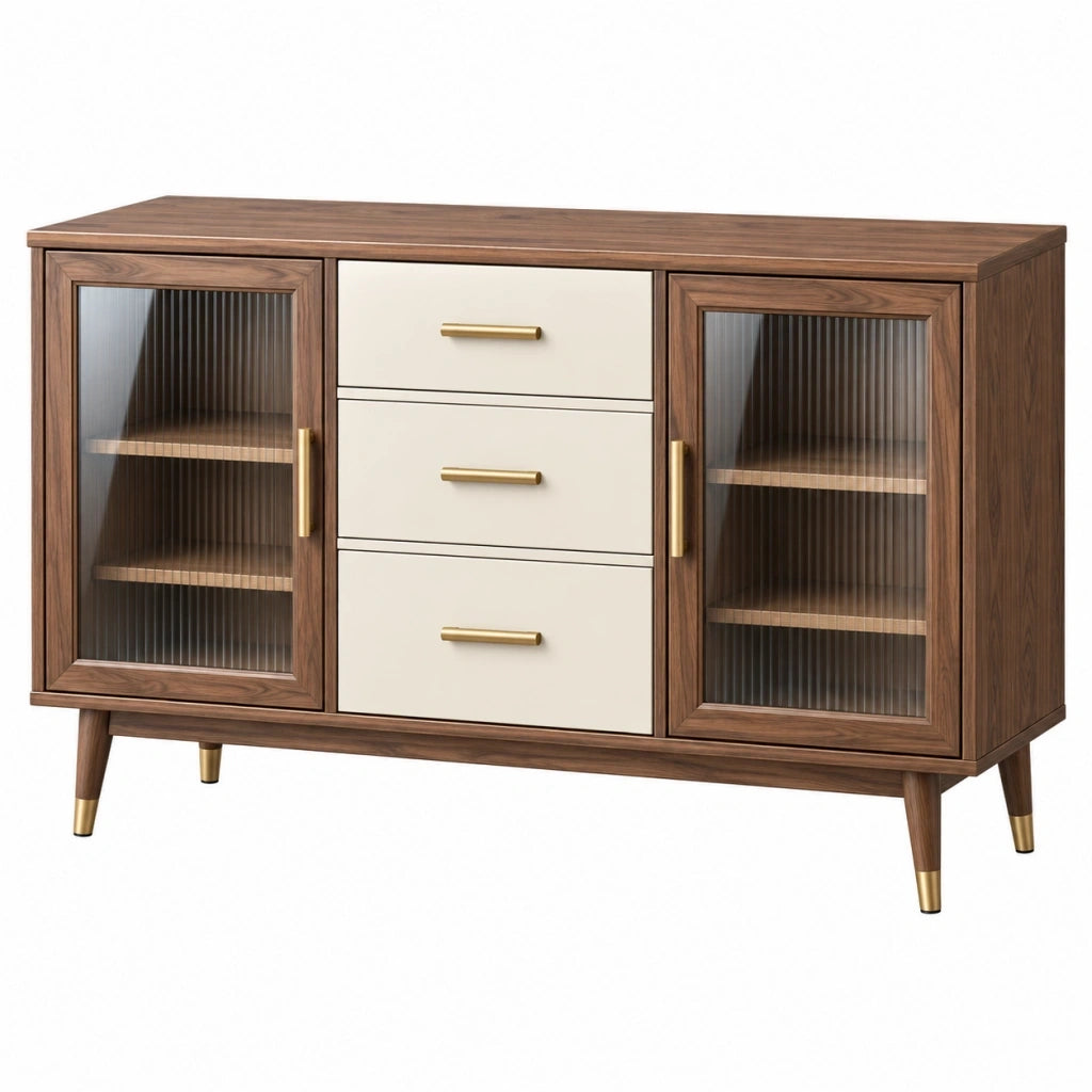 Credenza 150 x 40 x 90 cm in legno marrone e vetro rigato - mobile contenitore stile retrò