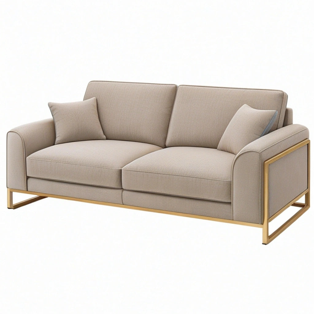 Divano 2 posti 180 x 85 x 82 cm in tessuto beige con struttura metallica dorata stile moderno