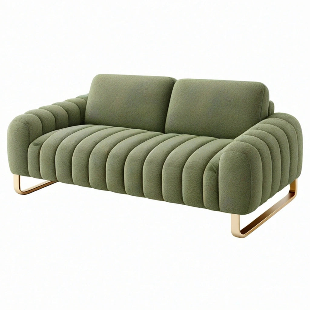 Divano 2 posti 170 x 90 x 78 cm in tessuto verde oliva con base in metallo dorato stile moderno