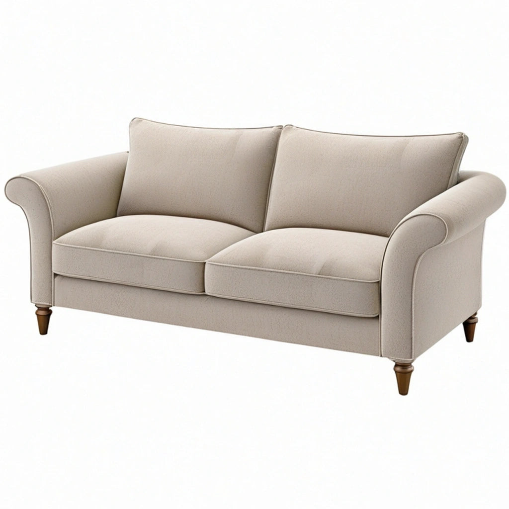 Divano 2 posti 170 cm in tessuto beige con gambe in legno stile classico per soggiorno
