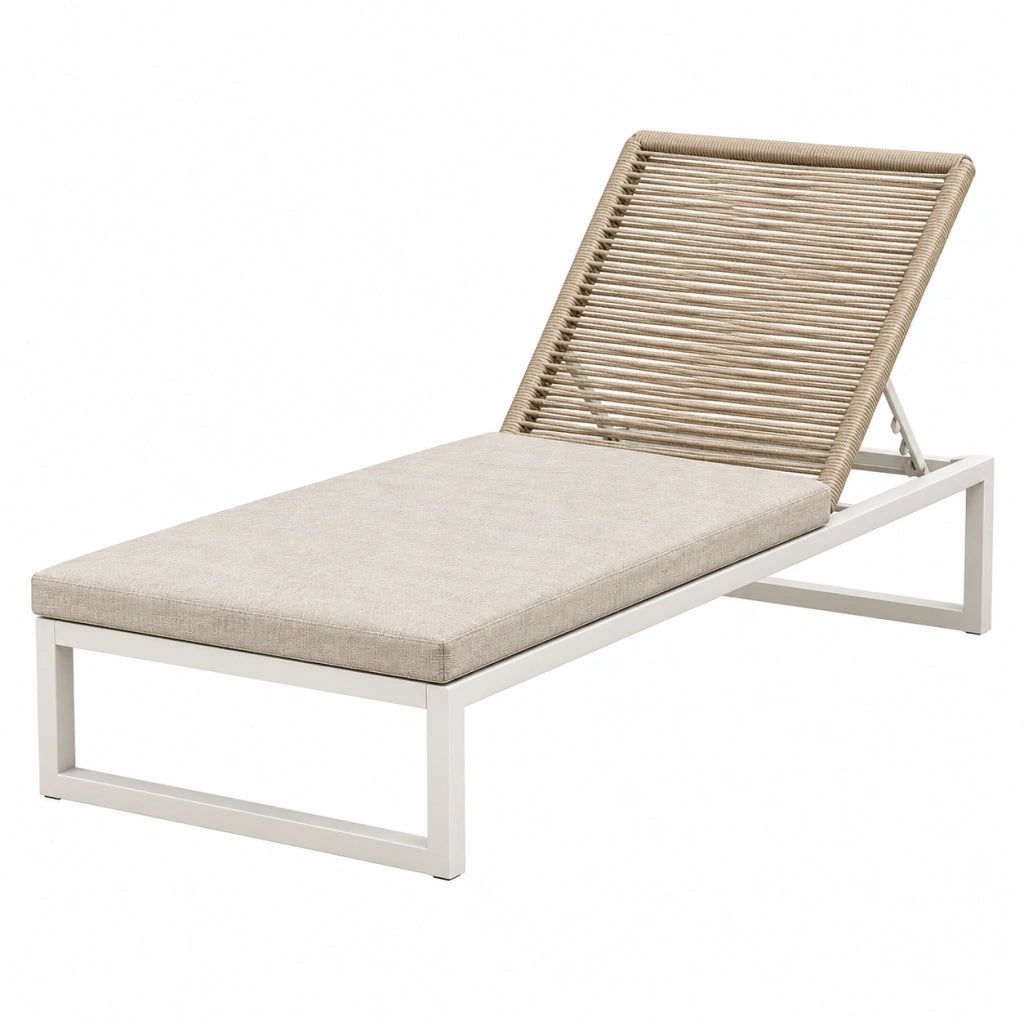 Lettino prendisole 200 x 70 cm in alluminio bianco con schienale regolabile e corda intrecciata