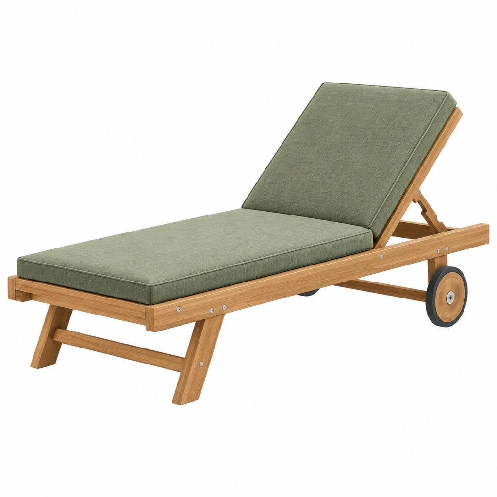 Lettino prendisole 200 x 70 cm in legno con imbottitura verde oliva - schienale regolabile con ruote