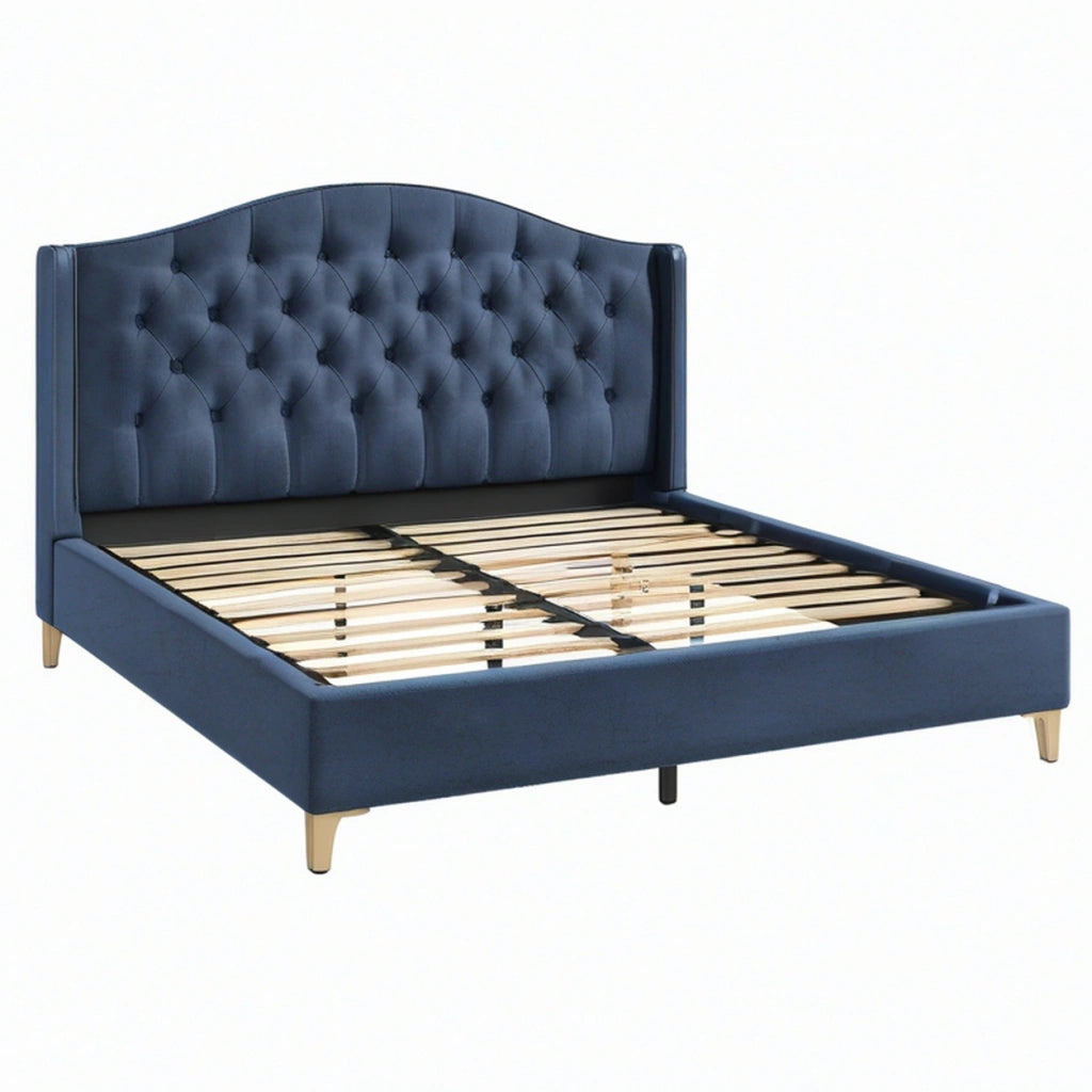 Letto matrimoniale 160 x 200 cm in velluto blu navy con testiera capitonné e rete a doghe