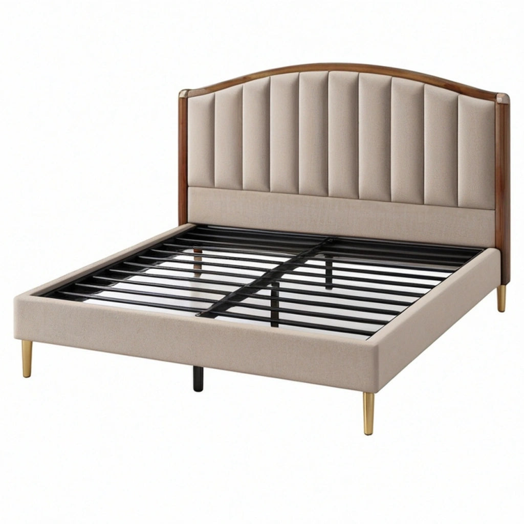 Letto matrimoniale 160 x 200 cm imbottito beige con testiera in legno e rete a doghe