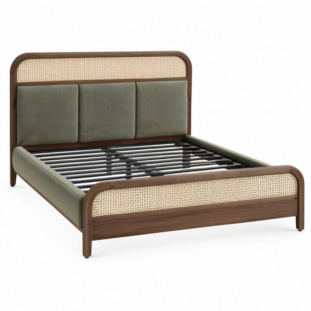 Letto matrimoniale 160 x 200 cm in legno noce con rattan e rivestimento verde - stile contemporaneo