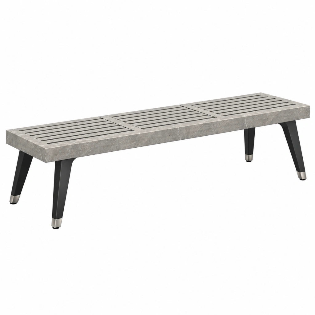Panca da giardino 180 x 40 x 45 cm in metallo nero e piano grigio effetto marmo - design moderno a doghe